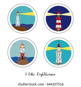 Cartoon stickers with lighthouses on white background. Vector illustration.