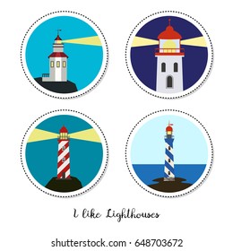 Cartoon stickers with lighthouses on white background. Vector illustration.