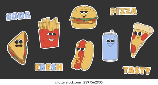 Cartoon stickers and patches set with sandwich, french fries, burger, soda, hot dog and pizza. Groovy characters in trendy retro style. Isolated vector illustration