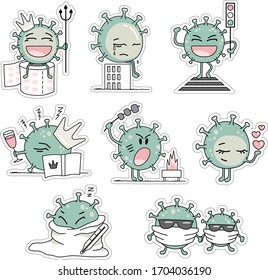 Cartoon stickers with the personages of the corona virus