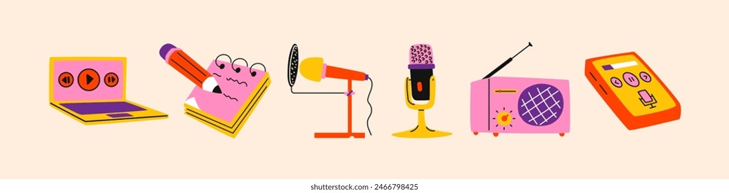 Cartoon stickers podcast. Microphone, headphones, radio, laptop. Online podcast recording shows, sound studio elements and online radio broadcasting.	