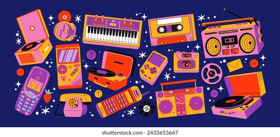 Pegatinas de dibujos animados gadgets retro en estilo de los años 90. Electrónica antigua, teléfonos móviles, reproductor de discos, cassette, vinilo, dispositivos. Conjunto de formas en estilo de ordenador antiguo y elegante doodle	