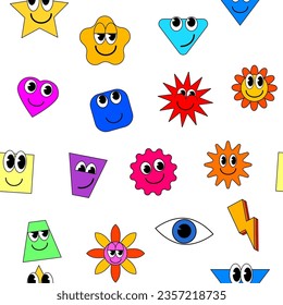 Cartoon stickers seamless pattern. Abstract shapes, stars, square, comic cute doodle smile characters