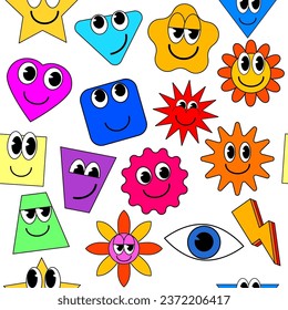 Cartoon stickers seamless pattern. Abstract shapes, stars, square, comic cute doodle smile characters