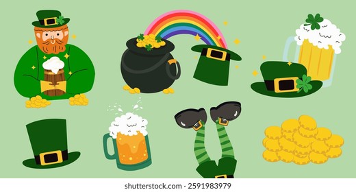 Cartoon stickers set for St. Patrick's Day. Ireland holiday festive elements for poster, banner, greeting card. Leprechaun character, mug of beer, pot of golden coins, clover