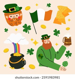 Cartoon stickers set for St. Patrick's Day. Ireland holiday festive elements for poster, banner, greeting card. Leprechaun character, mug of beer, pot of golden coins, clover