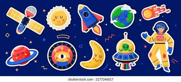 cartoon stickers with space, universe. vector illustration. stickers