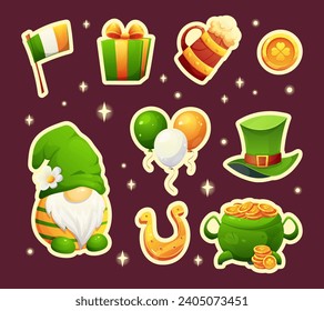 Cartoon stickers for St. Patrick's Day with outline for printing. Scandinavian dwarf, beer mug, balls, gold coin, flag of Ireland, gift, dwarf hat, horseshoe, cauldron