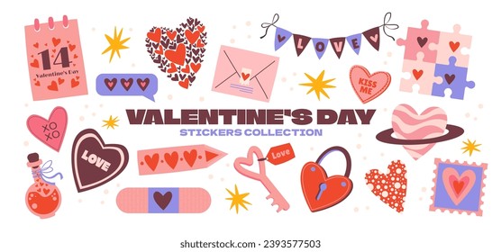 Cartoon stickers for St. Valentine's Day on February 14 in retro 90s style. Romantic elements, love envelope, hearts,love, gifts. Vector shapes set.