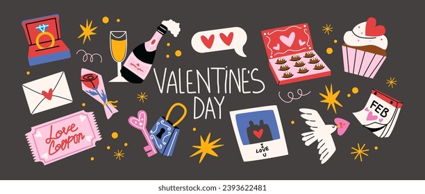 Cartoon stickers for St. Valentine's Day on February 14 in retro 90s style. Romantic elements, love envelope, hearts,love, gifts. Vector shapes set.