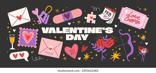 Cartoon stickers for St. Valentine's Day on February 14 in retro 90s style. Romantic elements, love envelope, hearts,love, gifts. Vector shapes set.