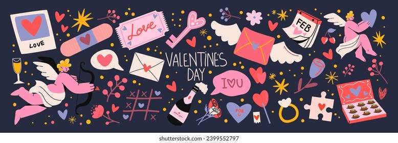 Cartoon stickers for St. Valentine's Day on February 14 in retro 90s style. Romantic elements, love envelope, hearts,love, gifts. Vector shapes big set.	