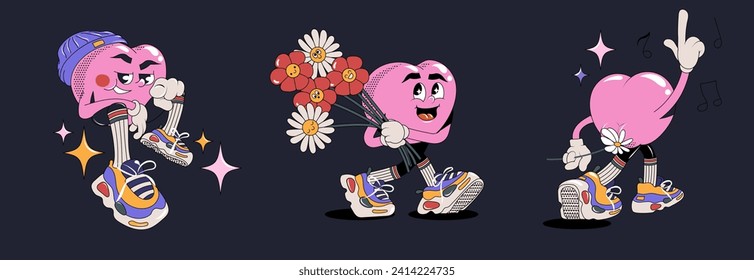 Cartoon stickers for St. Valentine's Day on February 14 in retro 90s style. Romantic elements, flowers, hearts,love, gifts. Vector shapes set.	