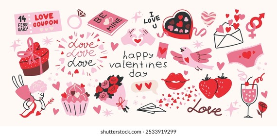 Adesivos de desenhos animados para o Dia de São Valentim em 14 de fevereiro no estilo retro dos anos 90. Elementos românticos, envelope de amor, corações, amor, presentes. Formas de vetor definidas.