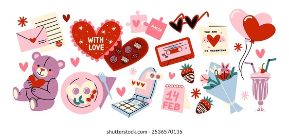 Cartoon stickers for St. Valentine's Day on February 14 in retro 90s style. Romantic elements, love envelope, hearts,love, gifts. Vector shapes set.