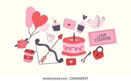 Cartoon stickers for St. Valentine's Day on February 14 in retro 90s doodle style. Romantic elements, love envelope, hearts, love, gifts, pigeon. Set of romantic gifts.