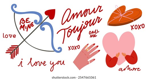 Cartoon stickers for St. Valentine's Day on February 14 in retro 90s style. Vector romantic flat elements. Hand written declarations of love. Calligraphy red hand written declaration of love