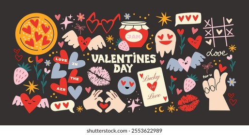 Cartoon stickers for St. Valentine's Day on February 14 in retro 90s style. Romantic elements, love envelope, hearts,love, gifts. Vector shapes set.