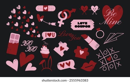 Cartoon stickers for St. Valentine's Day on February 14. Romantic elements, love envelope, hearts. Vector set.