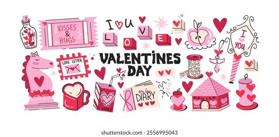 Cartoon stickers for St. Valentine's Day on February 14 in retro 90s style. Romantic elements, love envelope, hearts,love, gifts. Vector shapes set.	