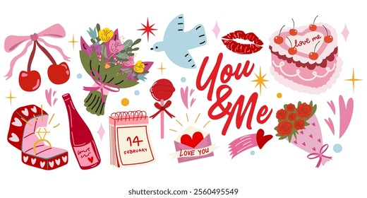 Cartoon stickers for St. Valentine's Day in retro style. Cute set of romantic elements for Valentines day, love letters, hearts, a bouquet, gift elements, vintage cake, gold wedding ring