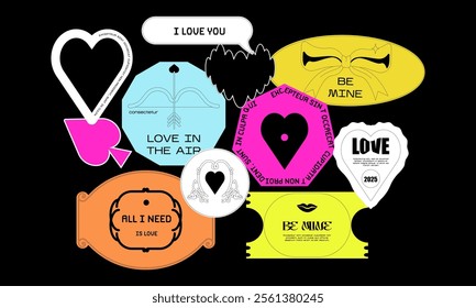 Cartoon stickers for St. Valentine's Day on February 14 in retro 90s style. Romantic elements, hearts,love, gifts. Vector shapes set.