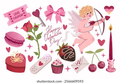 Cartoon stickers for St. Valentine's Day on February 14. Romantic elements, cupid, rose, sweets, love letter. Vector collection for planner, love letter, wedding, decoration, greeting card. 