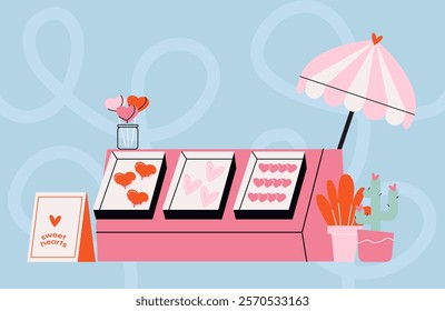 Cartoon stickers for St. Valentine's Day on February 14 in retro handraw style.Cartoon illustration Romantic market stalls with heart shape cakes, love, hearts lollipop. Vector shapes set. 