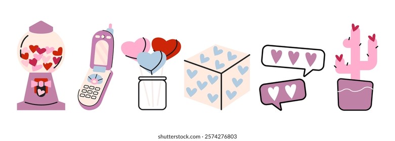 Cartoon stickers for St. Valentine's Day on February 14 in doodle hand draw style. Romantic elements, heart machine, hearts, love, gifts, phone, flower. Vector shapes set.