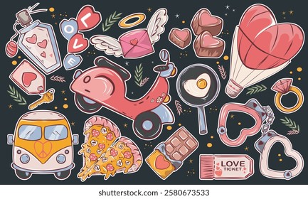 Cartoon stickers for St. Valentine's Day on February 14 in retro 90s style. Romantic elements, love envelope, hearts, love, gifts. Vector shapes set.