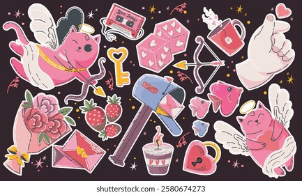 Cartoon stickers for St. Valentine's Day on February 14 in retro 90s style. Romantic elements, love envelope, hearts, love, gifts. Vector shapes set.