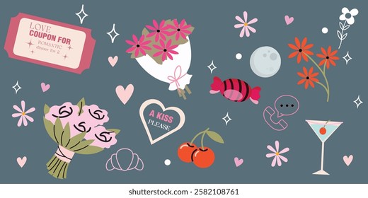 Cartoon stickers for St. Valentine's Day on February 14 in retro 90s style. Cute romantic symbols, hearts, gifts, love icons. Vector set.