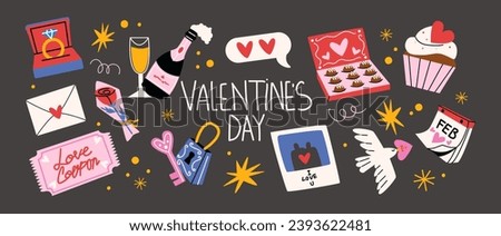 Cartoon stickers for St. Valentine's Day on February 14 in retro 90s style. Romantic elements, love envelope, hearts,love, gifts. Vector shapes set.