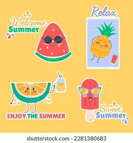 Cartoon stickers summer cute doodle kawaii ice cream, watermelon, pineapple, lime. 