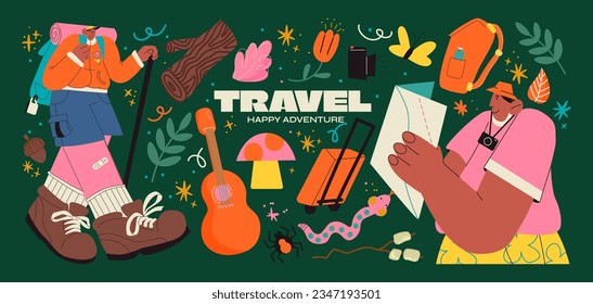 Cartoon stickers travelers and tourists. Excursion group with a map, backpack with guide. retro vacation with tent, tourism elements