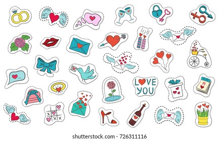 Cartoon stickers with Valentine day doodle elements on white background. Vector illustration.