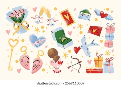 Cartoon stickers Valentine's Day concept. Set of romantic elements flowers, gift boxes, hearts, love letters, doves, and champagne glasses isolated on a light background vector illustration.