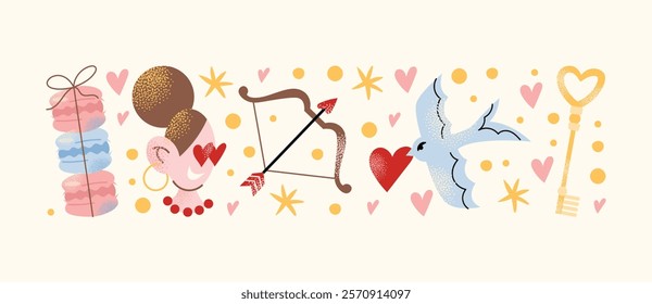 Cartoon stickers Valentine's Day concept. Set of romantic elements flowers, gift boxes, hearts, love letters, doves, and champagne glasses isolated on a light background vector illustration.