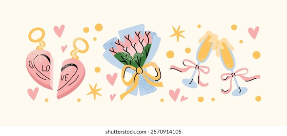 Cartoon stickers Valentine's Day concept. Set of romantic elements flowers, gift boxes, hearts, love letters, doves, and champagne glasses isolated on a light background vector illustration.