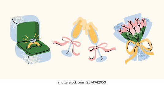 Cartoon stickers Valentine's Day concept. Set of romantic elements flowers, gift boxes, hearts, love letters, doves, and champagne glasses isolated on a light background vector illustration.