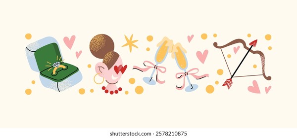 Cartoon stickers Valentine's Day concept. Set of romantic elements flowers, gift boxes, hearts, love letters, doves, and champagne glasses isolated on a light background vector illustration.