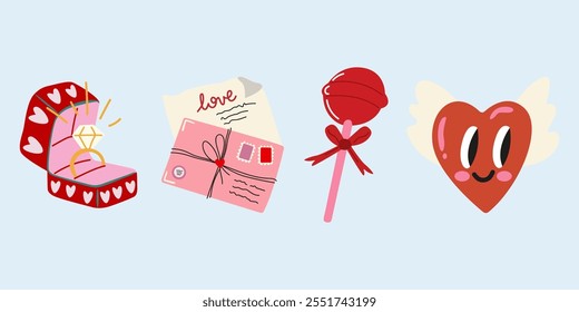 Pegatinas de dibujos animados para el día de San Valentín el 14 de febrero en estilo plano retro. Elementos románticos, mensaje de amor, carácter lindo del corazón, caramelo de la piruleta del corazón y anillo de compromiso