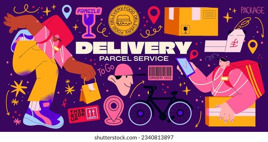 Cartoon stickets,characters fast delivery service. Couriers deliveries of food and parcels on bike, e-commerce concept. Online pizza delivery order	