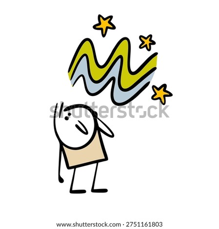 Cartoon stickman admiring the aurora. Vector illustration of a beautiful polar lights in the sky among the stars. Doodle character boy looks up in space.