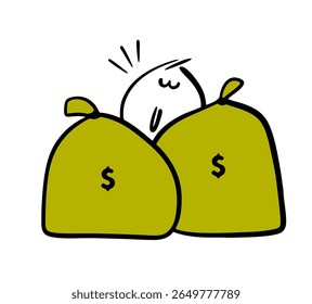 Cartoon stickman among bags of money and a dollar sign. Vector illustration of a rich man sleeping. Caricature of financial prosperity.
