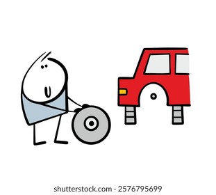 Cartoon stickman in an auto repair shop rolls wheel, repairs car. Vector illustration of mechanic working with modern technology, changing car spare parts. Isolated caricature on white background.