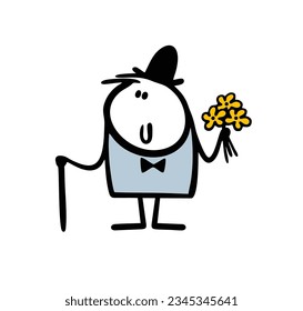 Cartoon stickman in a bowler hat and an elegant suit is waiting for his beloved with a bouquet of flowers. Vector illustration of an elderly man with a cane on a date. Funny person isolated.