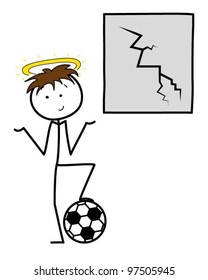 Cartoon Stickman Boy With A Football Next To A Broken Window