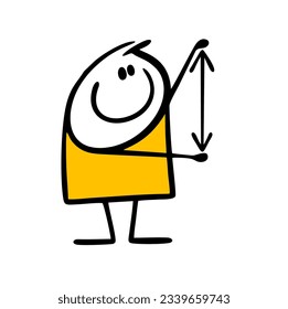 Cartoon stickman boy shows us the height and size of the object. Vector illustration of a guy measuring a thing with his hands. Cute stick figure person isolated on white background.