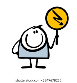 Cartoon stickman boy stands and holds the energy sign in his hand. Vector illustration of  guy attracts attention with a lightning bolt pattern. Funny character isolated on white background.